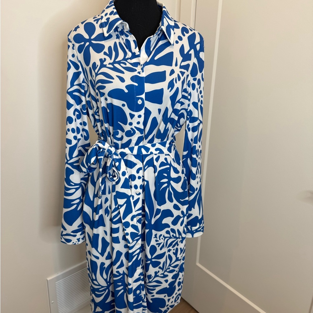 Blue & White Floral Shirt Dress with Tie Waist
